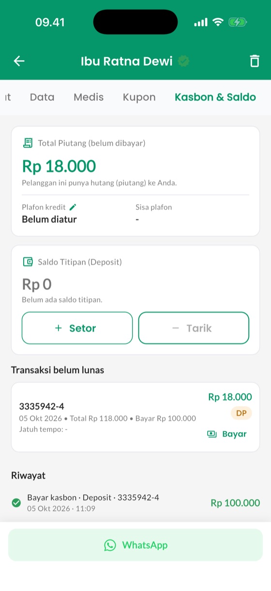 Kasbon dan saldo: Sisa hutang dan deposit pelanggan dalam satu tab.