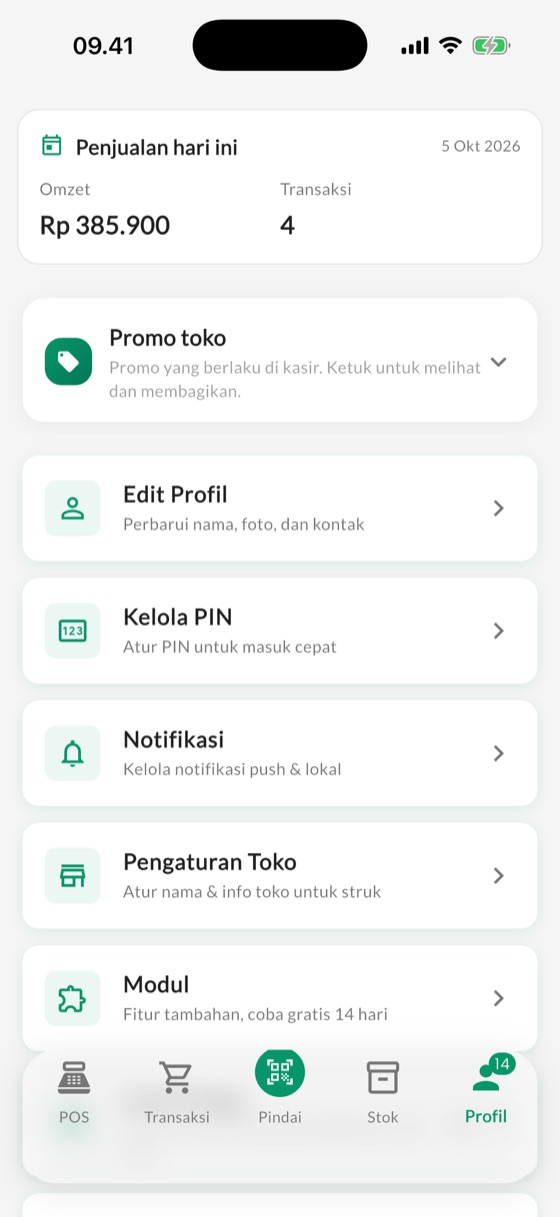 Ringkasan toko: Omzet dan transaksi hari ini di halaman Profil.