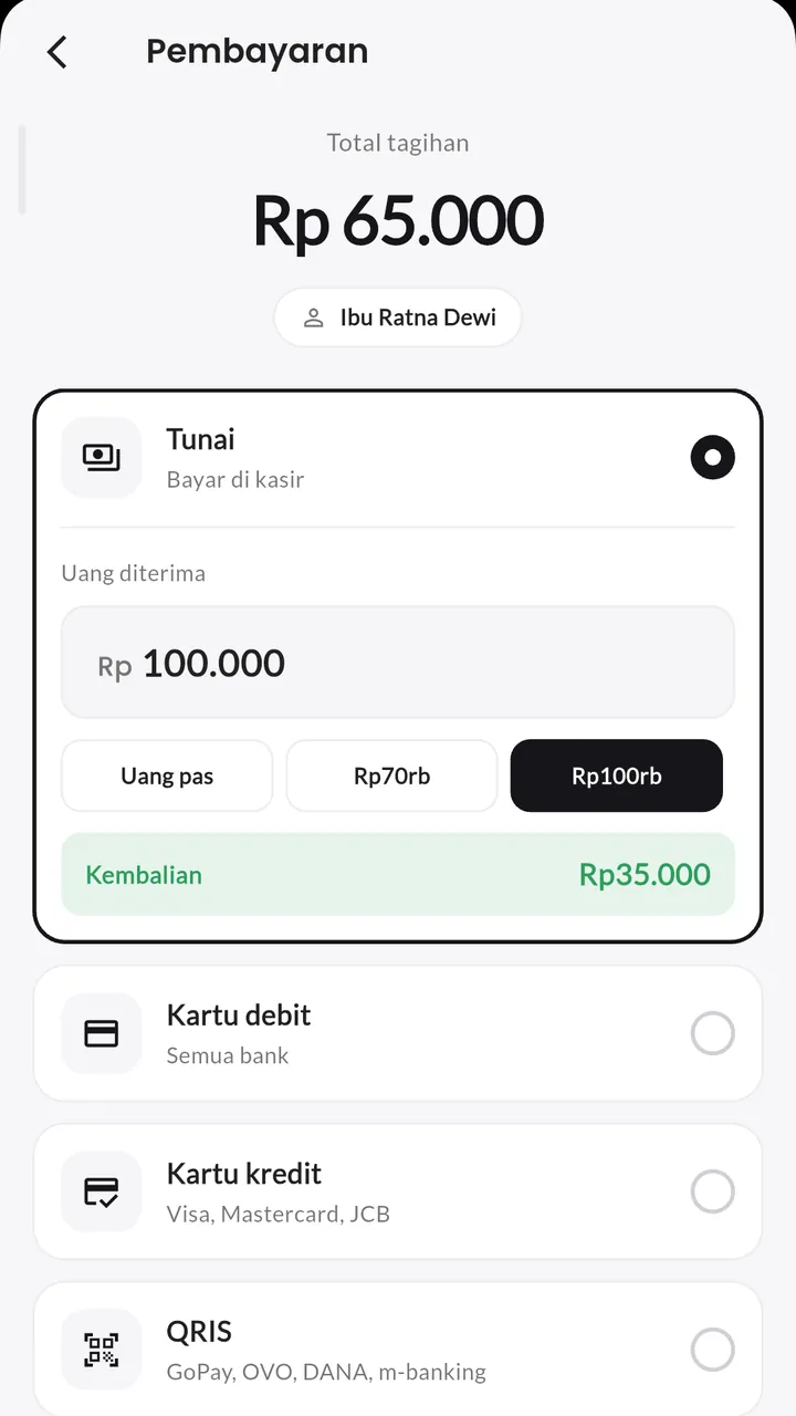 Kembalian otomatis: Nominal cepat, kembalian dihitung sendiri.