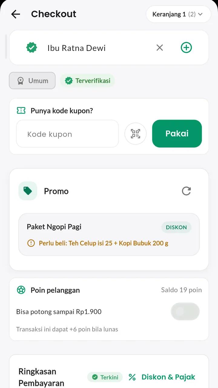 Checkout dengan pelanggan: Pilih pelanggan, pakai kupon, dan lihat promo yang berlaku.