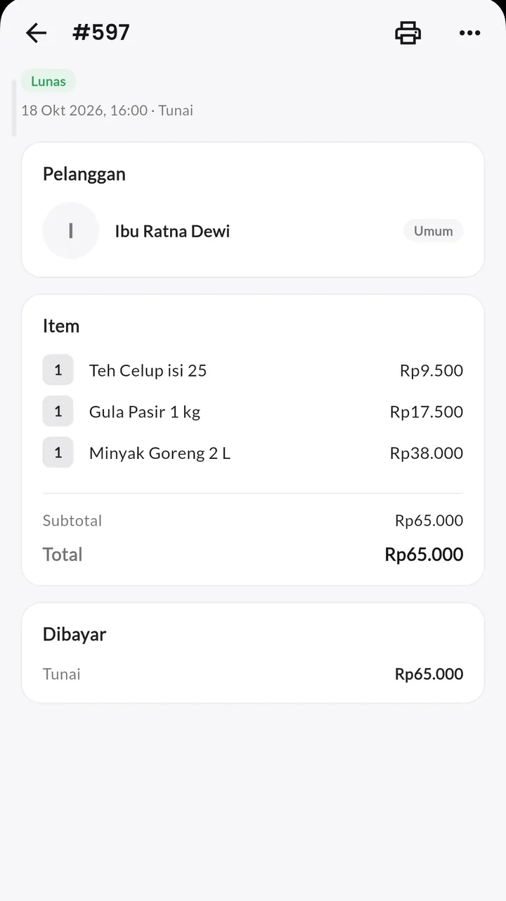 Detail dan edit pesanan: Rincian barang dan pembayaran, cetak ulang atau ubah pesanan.