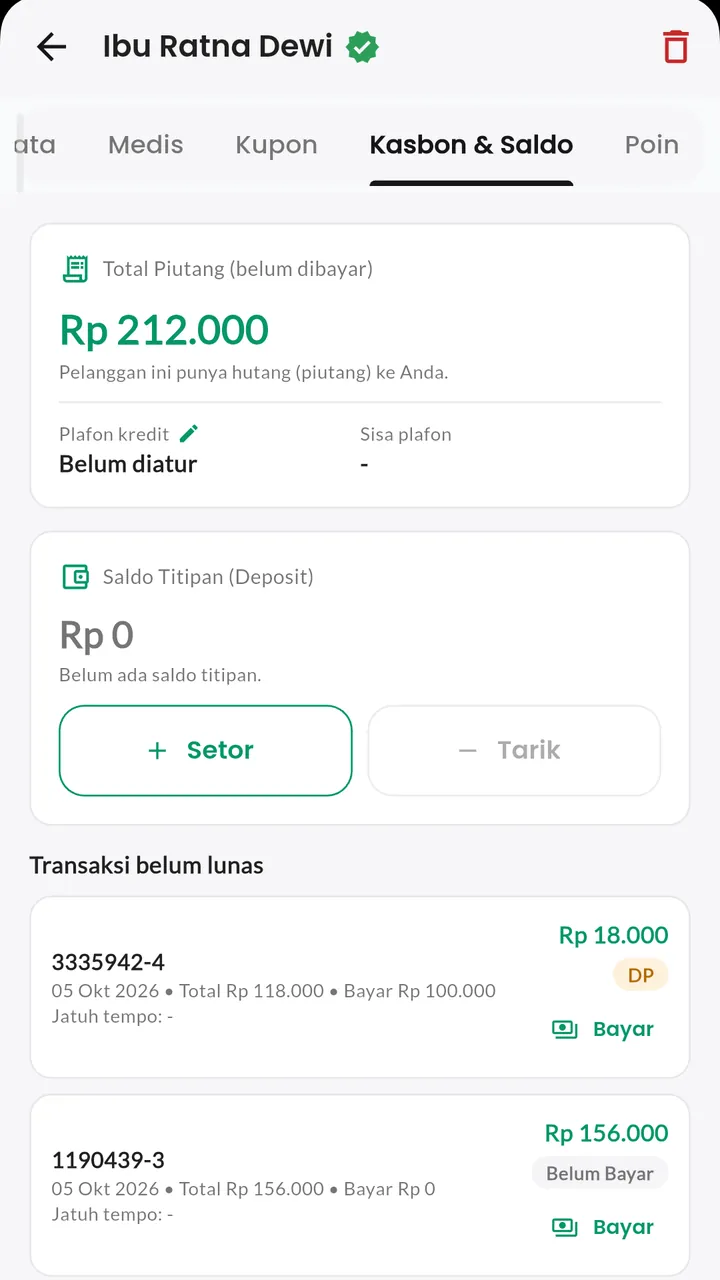 Hutang-Piutang & Deposit: Kasbon dan saldo pelanggan