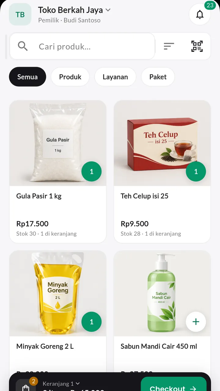 Kasir cepat: Ketuk produk atau pindai barcode, keranjang langsung terisi.