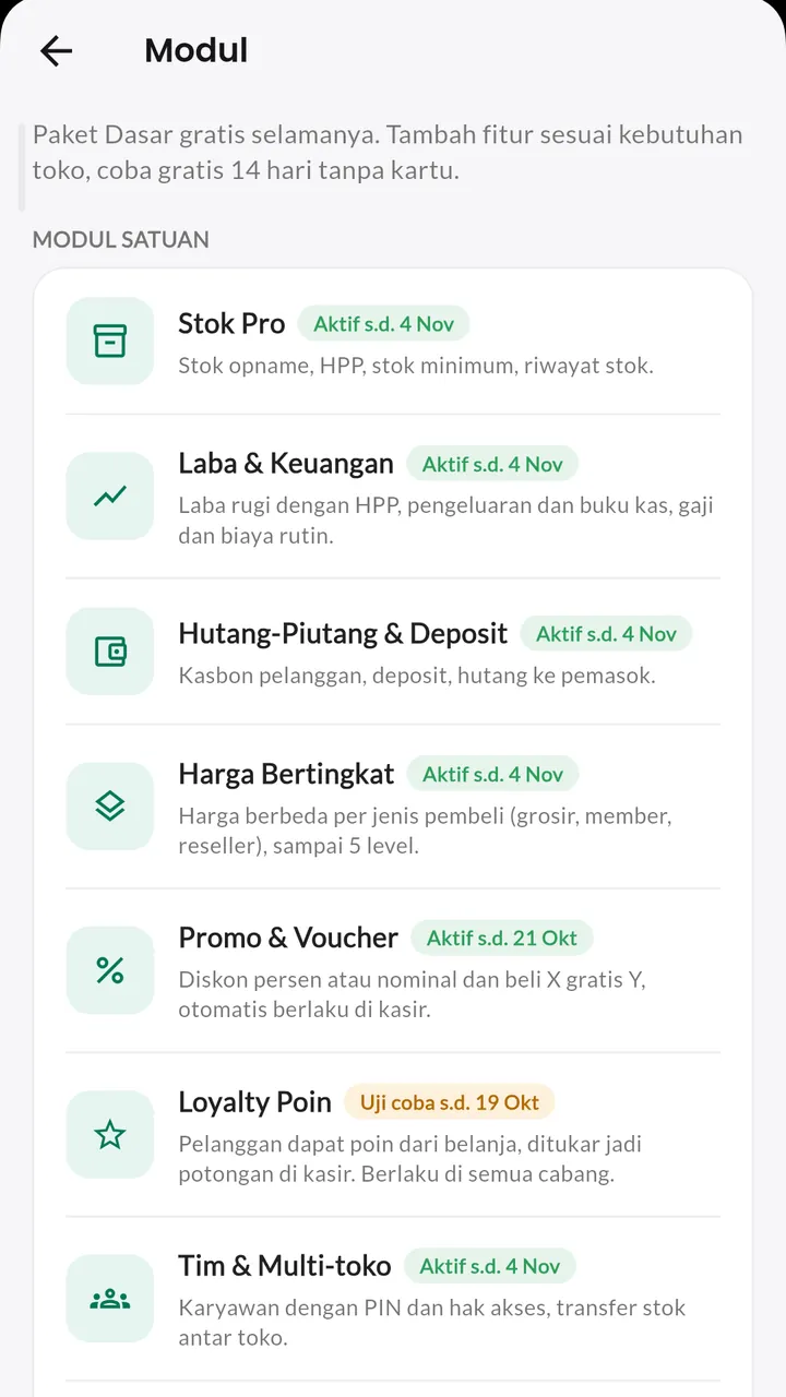 Layar Modul: daftar modul, status aktif, dan masa uji coba