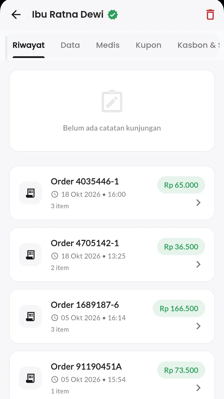 Riwayat belanja pelanggan: Setiap belanja pelanggan tercatat rapi.