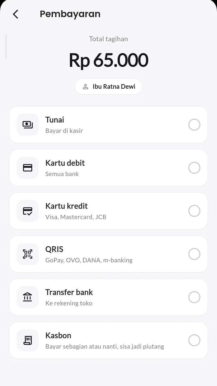 Semua cara bayar: Tunai, kartu debit dan kredit, QRIS, atau transfer bank.