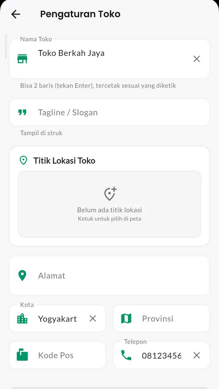 Pengaturan toko: Nama, slogan, alamat, dan nomor yang tercetak di struk.