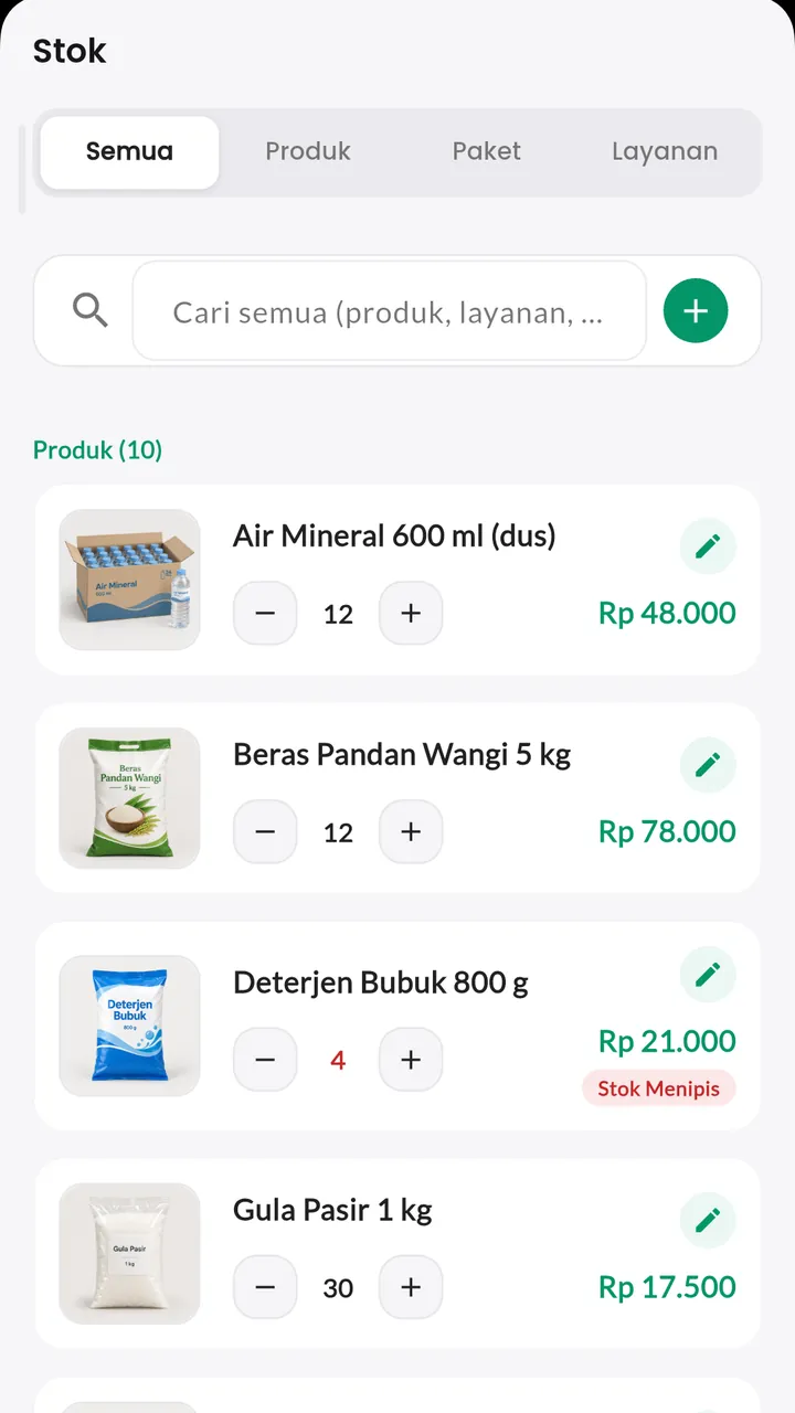 Stok otomatis: Berkurang tiap penjualan, tanda Stok Menipis muncul sendiri.