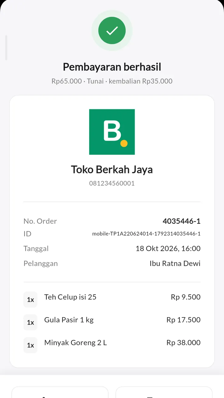 Struk rapi: Bagikan lewat WhatsApp atau cetak ke printer Bluetooth.