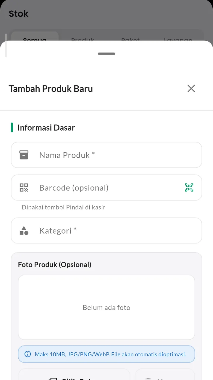 Tambah produk dan barcode: Nama, kategori, foto, dan barcode untuk tombol Pindai.