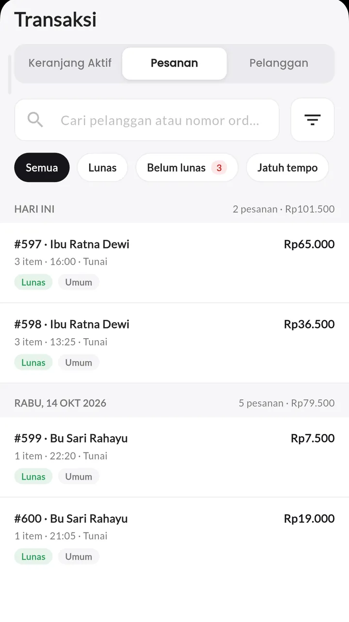 Riwayat transaksi: Cari dan saring penjualan 90 hari terakhir.